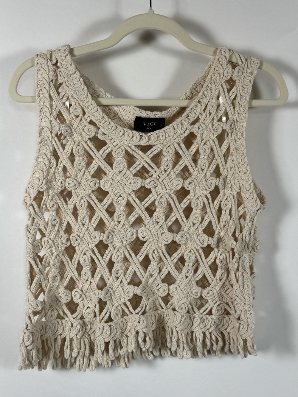 VICI Cream Macramé Crochet Crop Tank Top Size S/M Fringe Western Boho Indie Knit - Picture 3 of 9